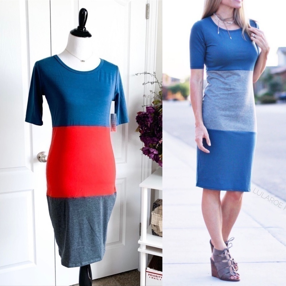 LuLaRoe Julia Dress‎ NWT XS Color Block Blue Gray Red Short Sleeve Sheath Midi